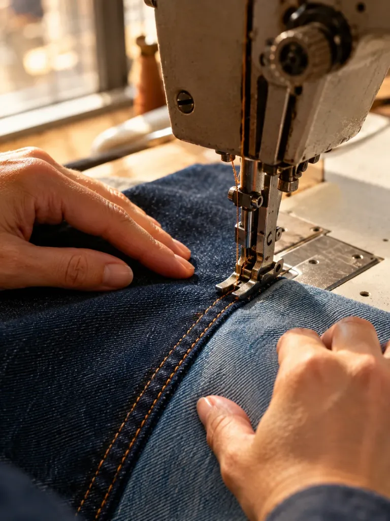 Two denim panels being joined with copper-tone thread