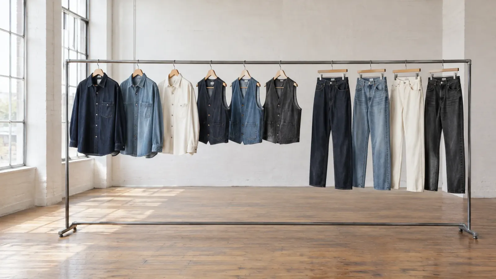 Rail of SEAMVORO overshirts, vests and jeans