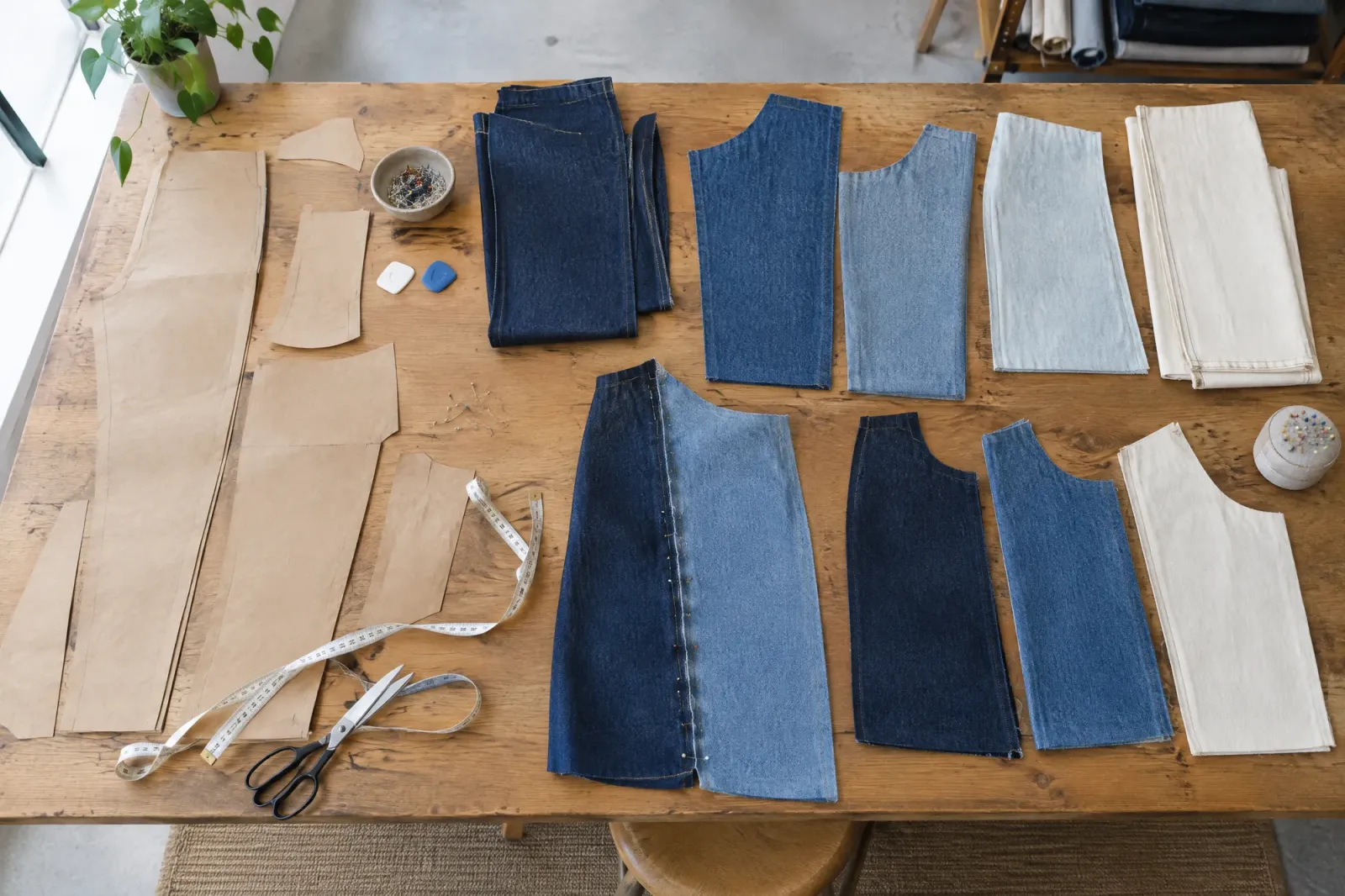 Cutting table with paper patterns and denim panels in several washes