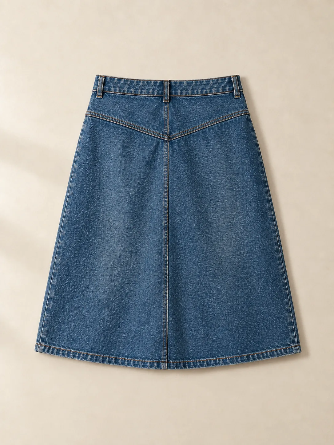 Box Pleat Yoke Skirt in Mid Worn wash, back view