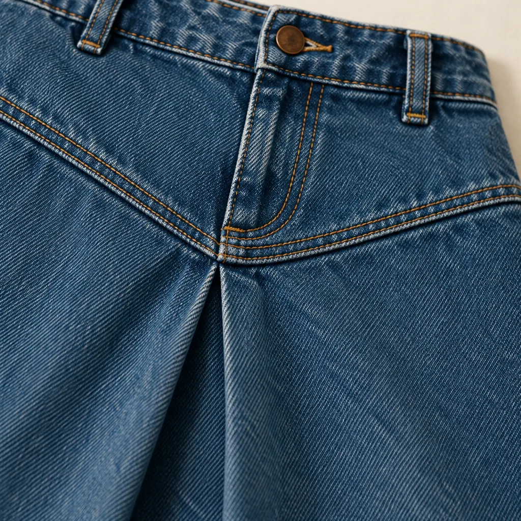 Box Pleat Yoke Skirt in Mid Worn wash, construction detail