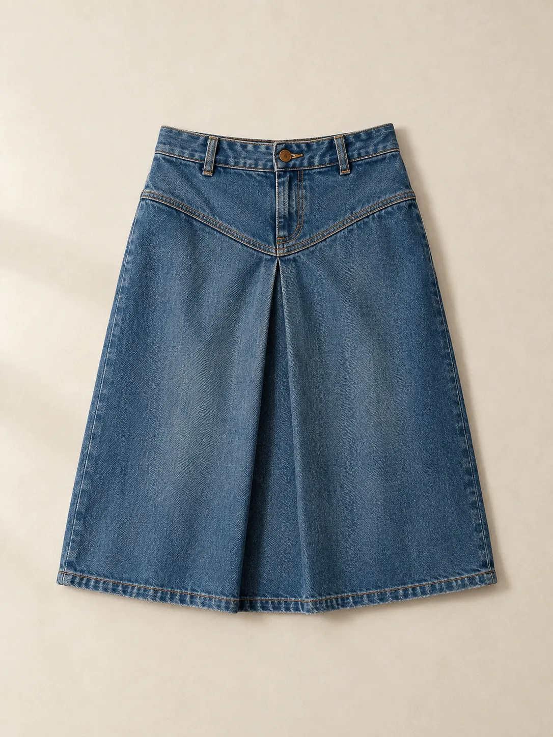 Box Pleat Yoke Skirt in Mid Worn wash, front view