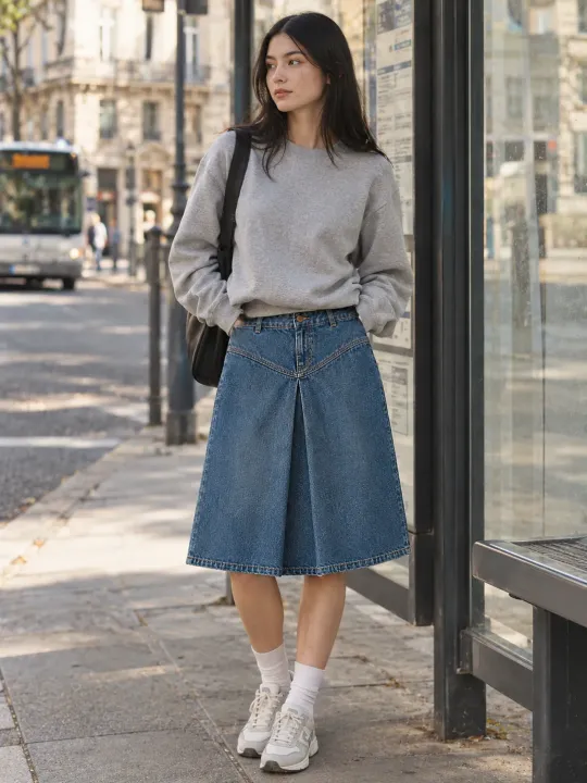 Box Pleat Yoke Skirt in Mid Worn wash, worn