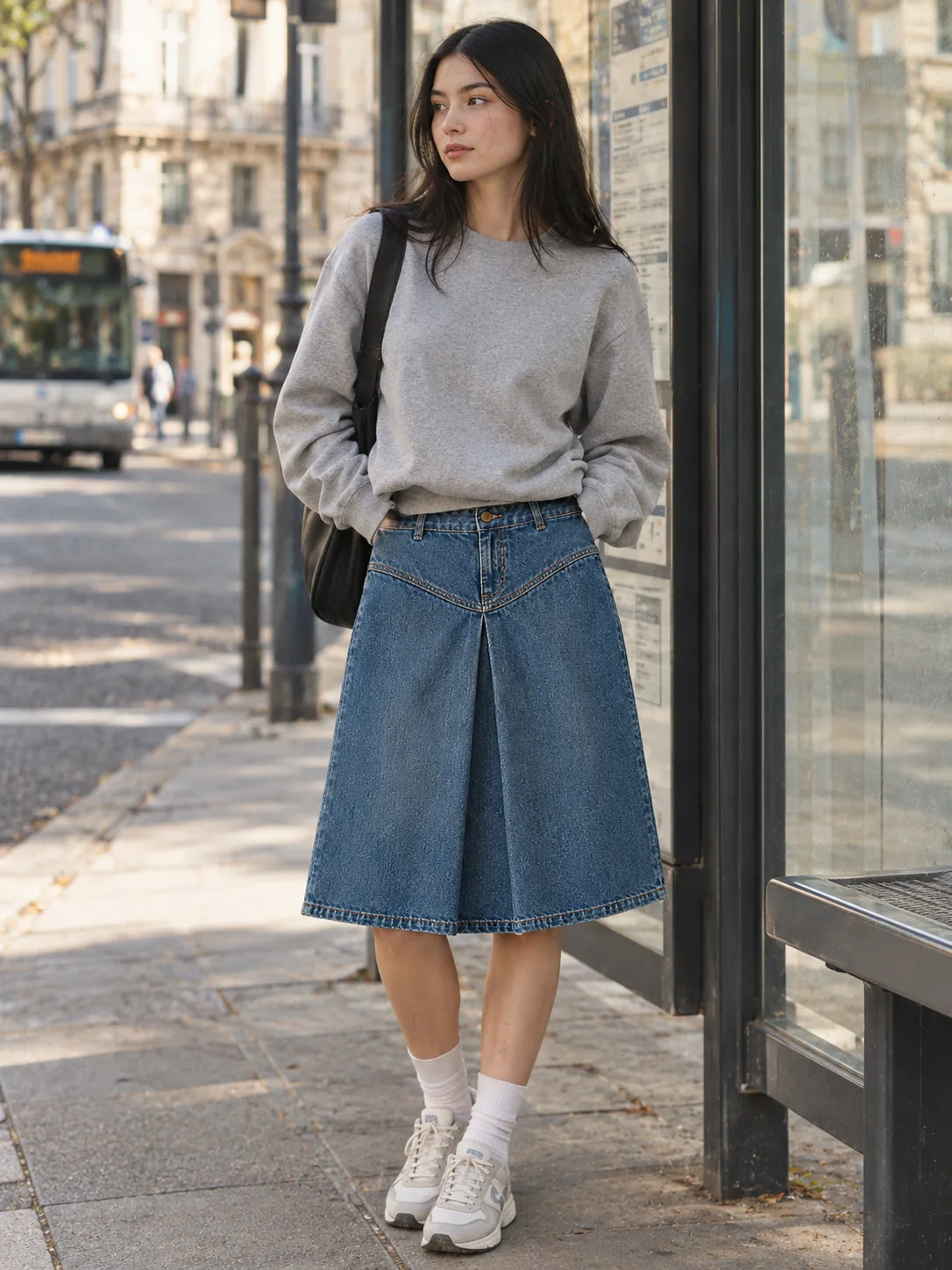 Box Pleat Yoke Skirt in Mid Worn wash, worn