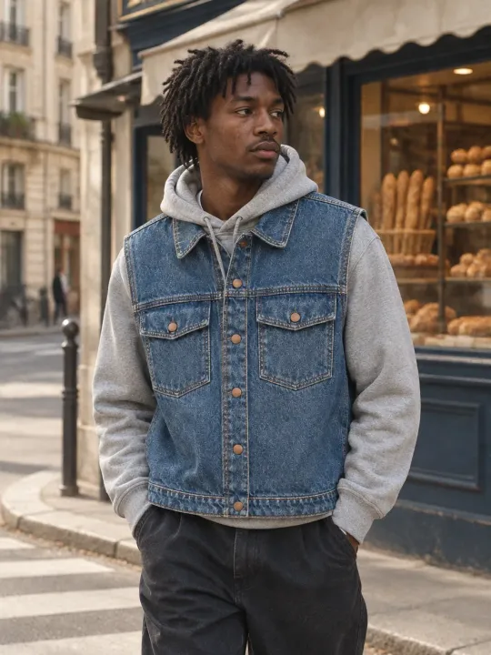 Boxy Pocket Vest in Mid Worn wash, worn