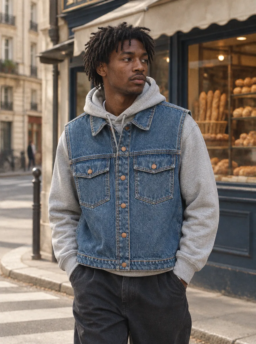Boxy Pocket Vest in Mid Worn wash, worn