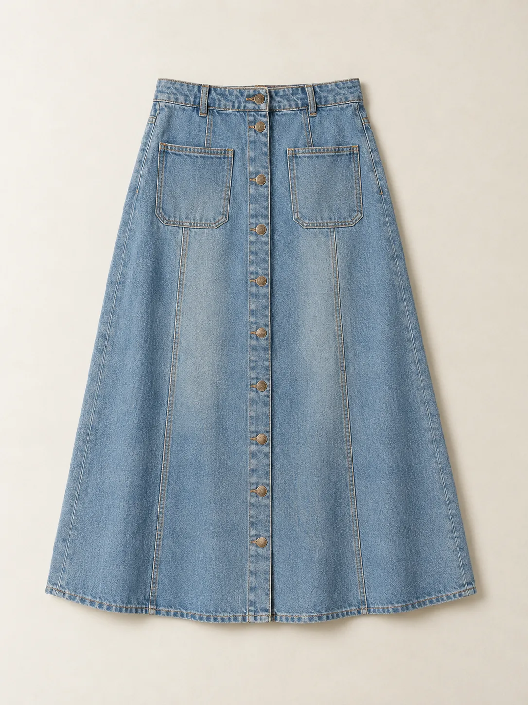 Button Through Midi Skirt in Light Worn wash, front view