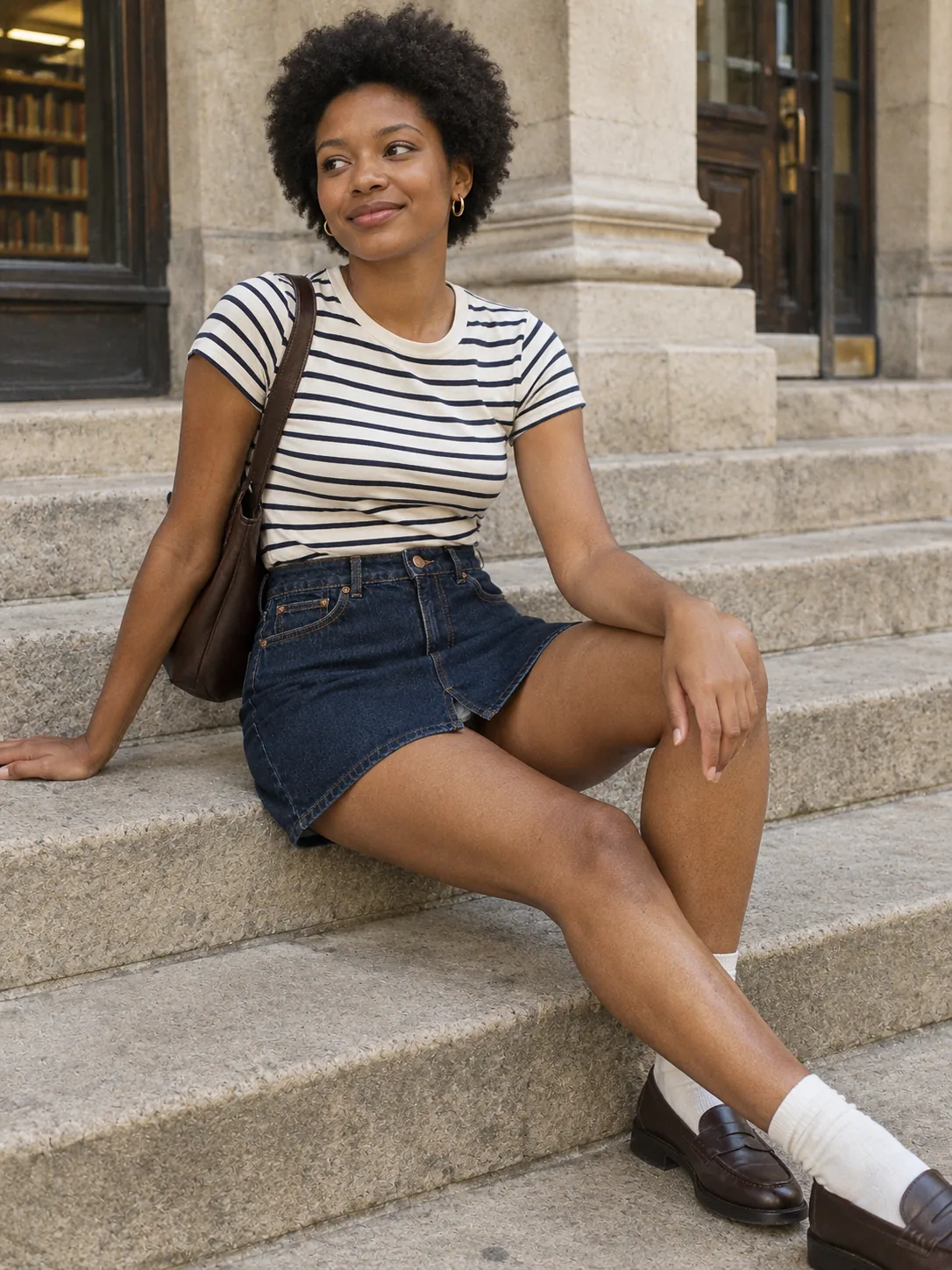 Centre Seam Mini Skirt in Rinse wash, worn