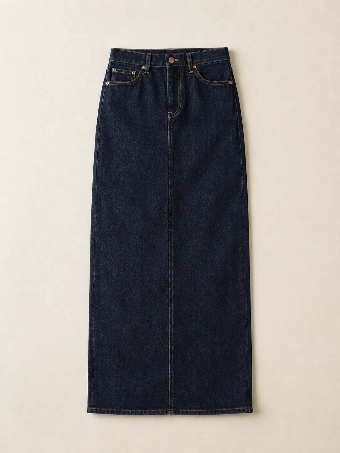 Column Maxi Skirt in Raw Indigo wash, front view