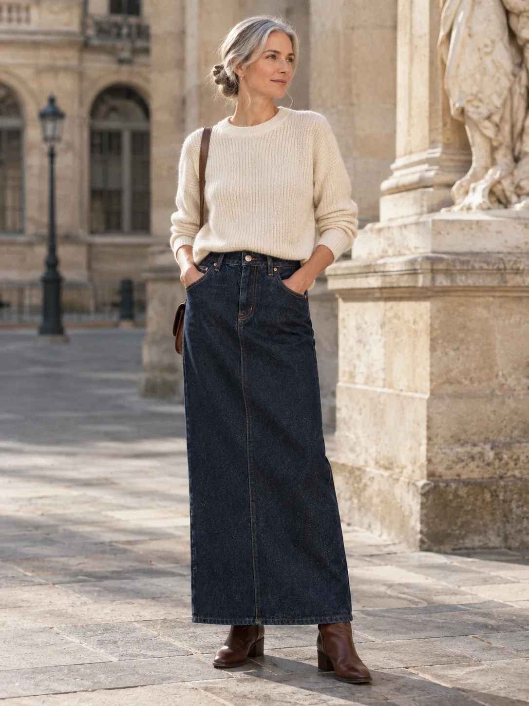 Column Maxi Skirt in Raw Indigo wash, worn