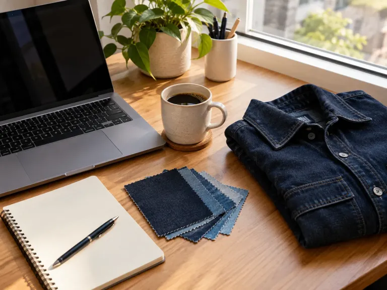 Studio desk with a folded indigo overshirt and wash swatches
