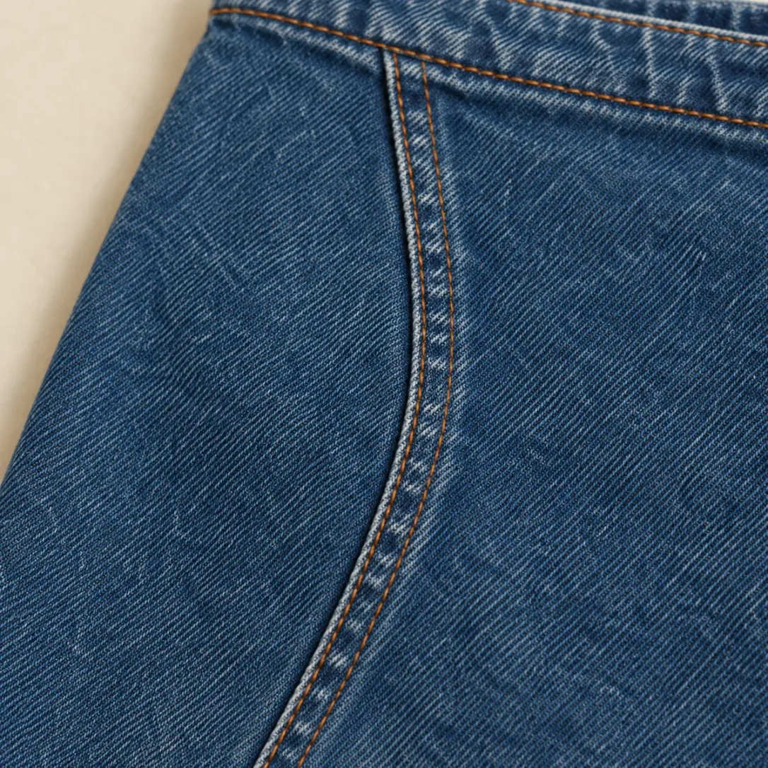Curve Seam Mini Skirt in Mid Worn wash, construction detail