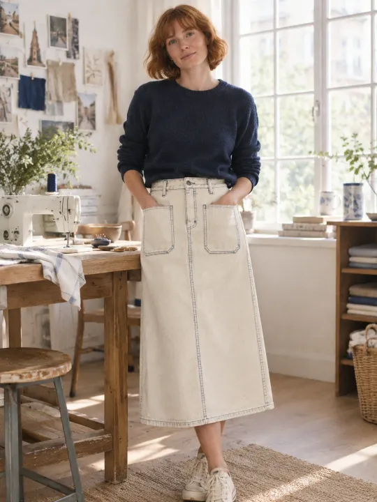 Ecru Patch Pocket Midi in Ecru wash, worn
