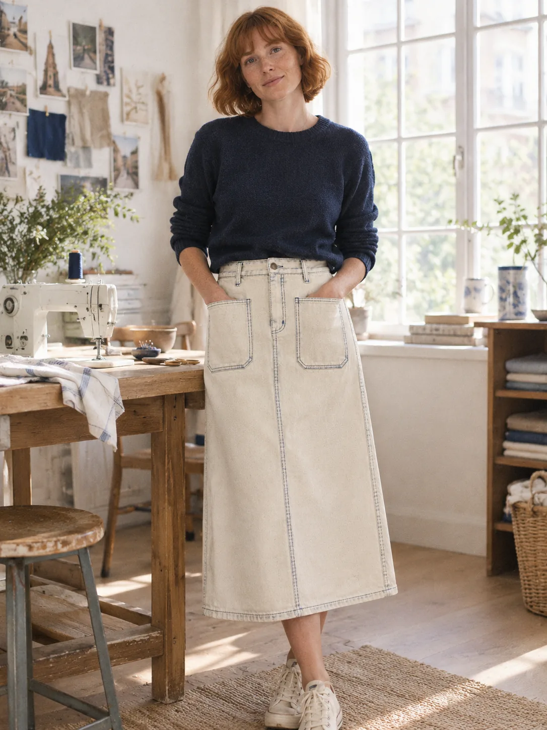 Ecru Patch Pocket Midi in Ecru wash, worn