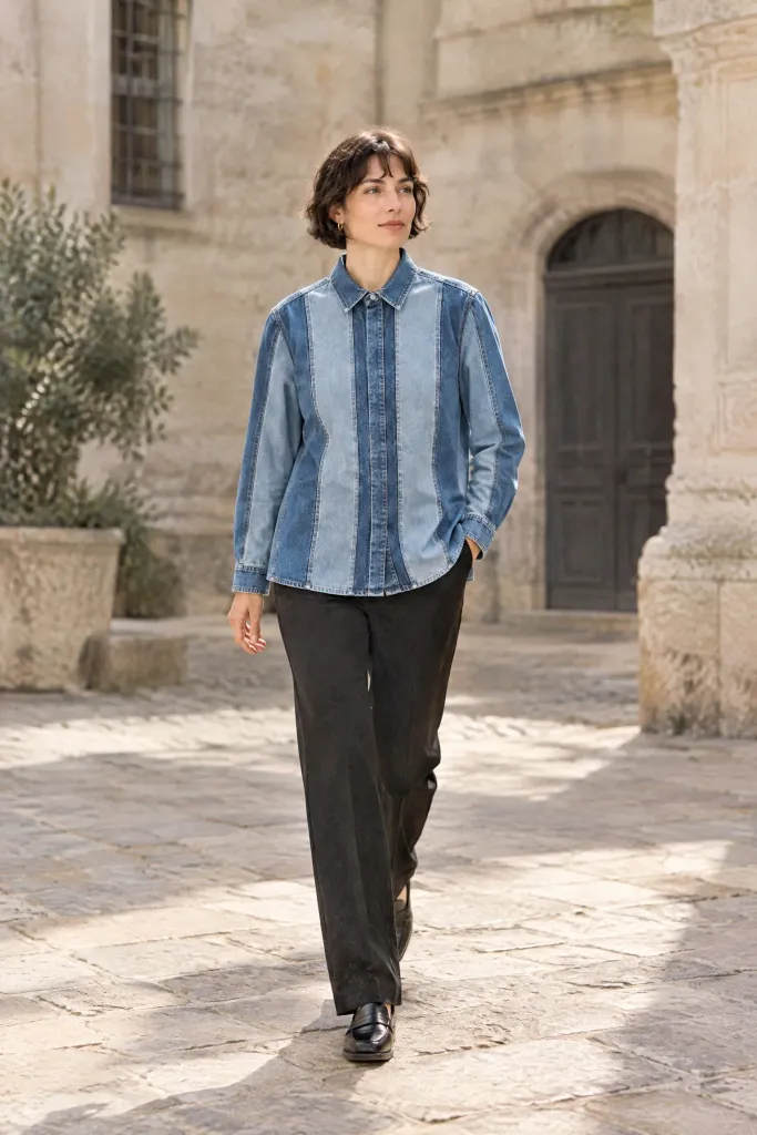 Woman walking through a sunlit courtyard in the SEAMVORO Panel Grid Overshirt