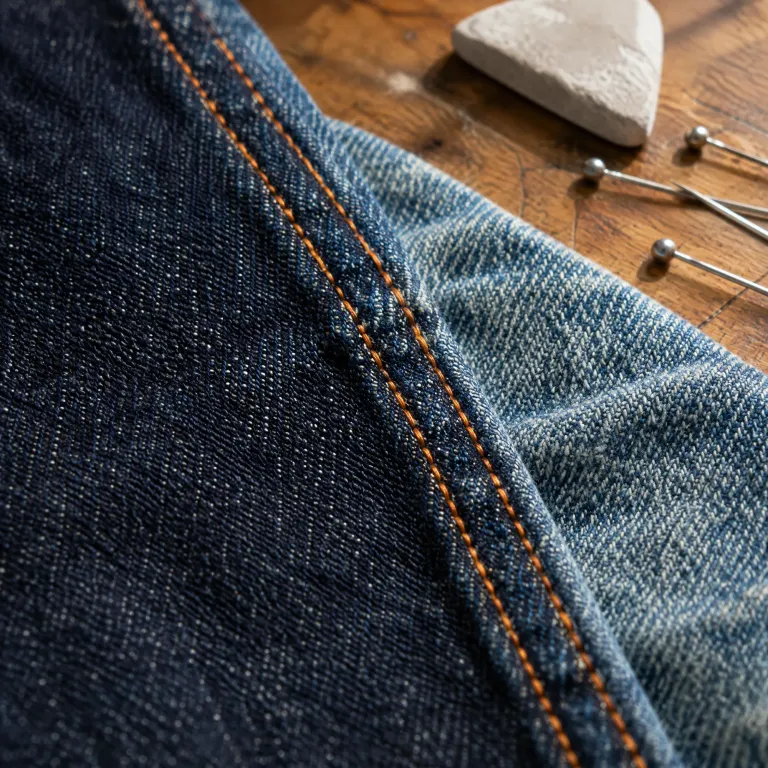 Close-up of two denim washes joined by copper-tone double topstitching