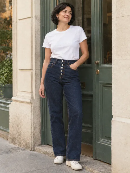 High Rise Straight in Rinse wash, worn