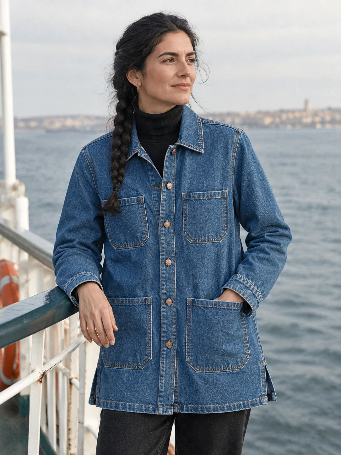 Long Line Overshirt in Mid Worn wash, worn
