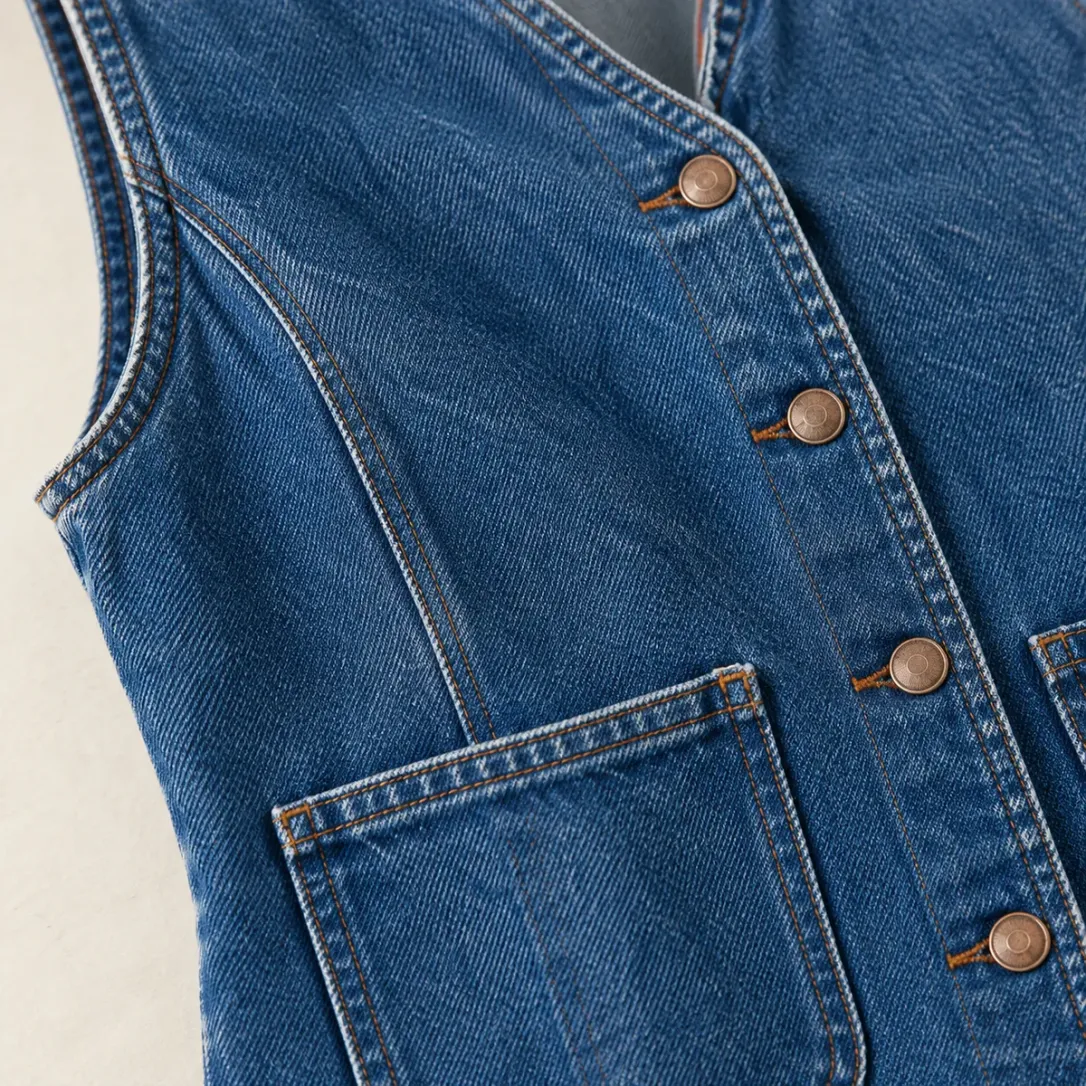 Long Line Vest in Mid Worn wash, construction detail