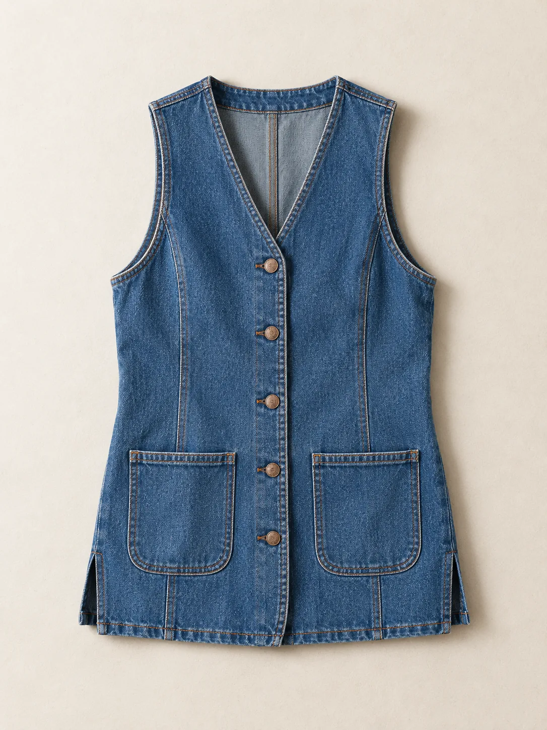 Long Line Vest in Mid Worn wash, front view