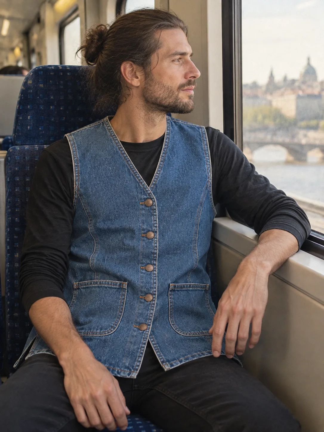 Long Line Vest in Mid Worn wash, worn