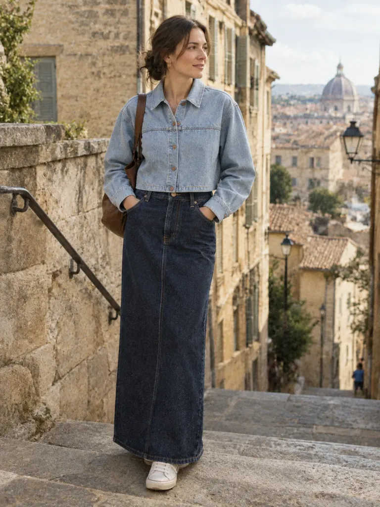 Boxy Crop Overshirt with the Column Maxi Skirt