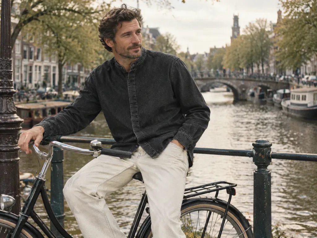 Stand Collar Overshirt with Ecru Straight jeans