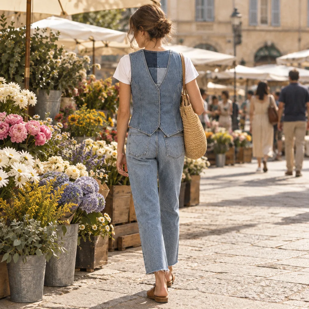 Patch Back Vest with Cropped Raw Hem Straight jeans