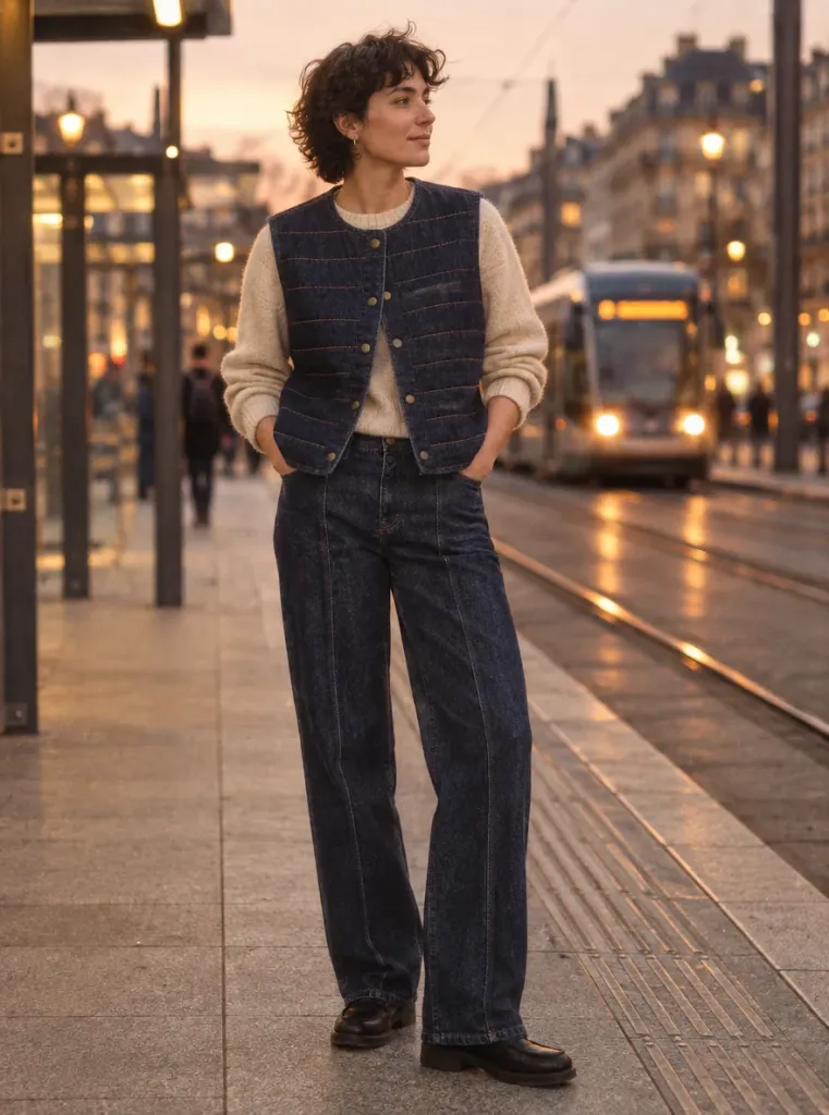 Channel Stitch Vest with Centre Seam Straight jeans