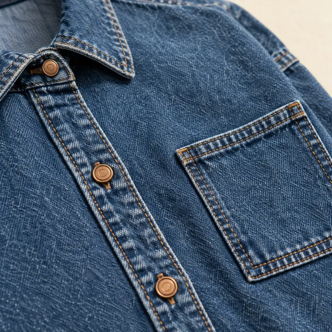 Offset Pocket Overshirt in Mid Worn wash, construction detail