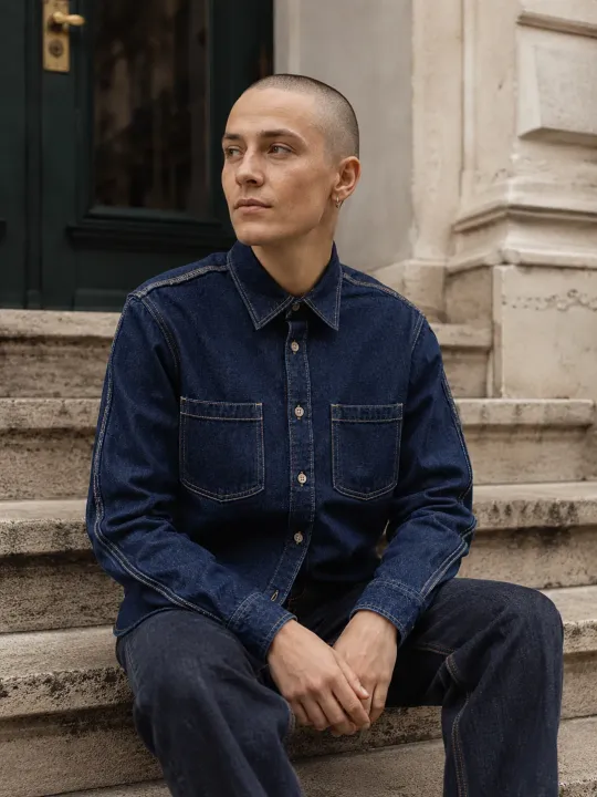 Outseam Overshirt in Raw Indigo wash, worn