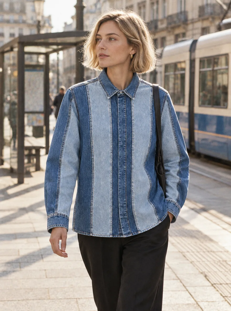 Panel Grid Overshirt in Mid Worn wash, worn