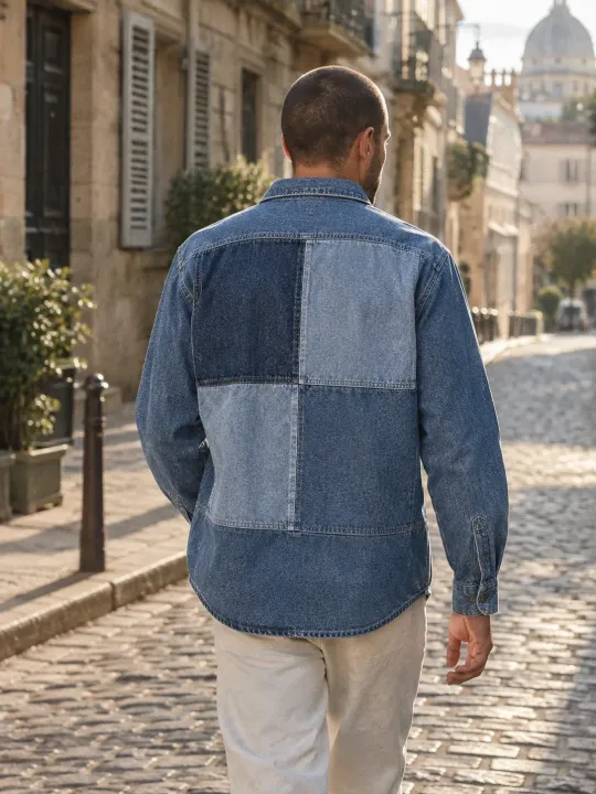 Patch Back Overshirt in Mid Worn wash, worn