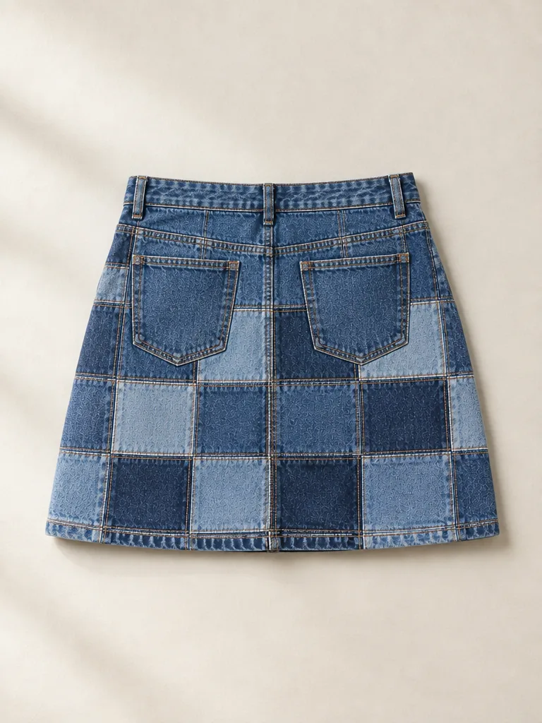 Patchwork Mini Skirt in Mid Worn wash, back view