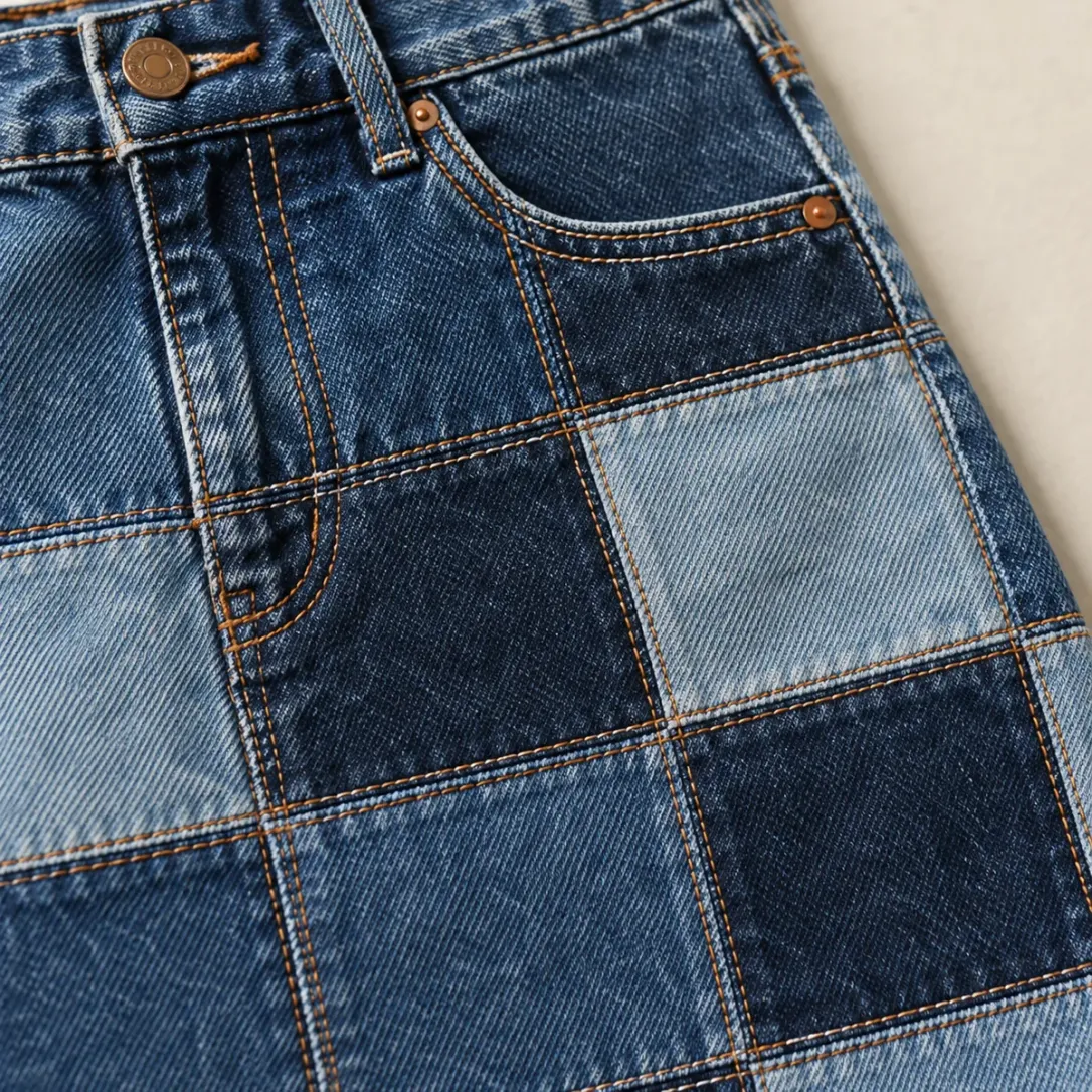 Patchwork Mini Skirt in Mid Worn wash, construction detail