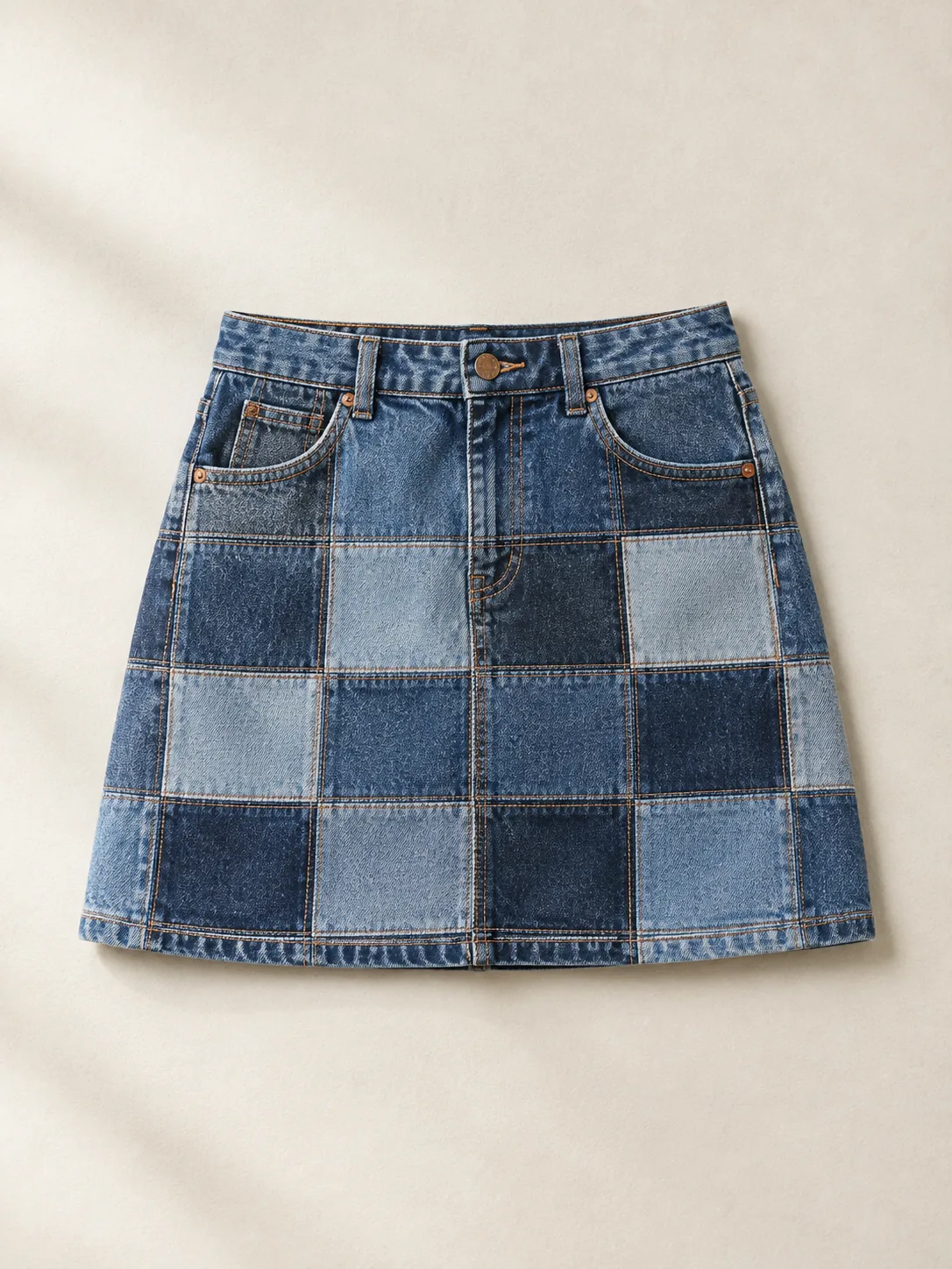 Patchwork Mini Skirt in Mid Worn wash, front view