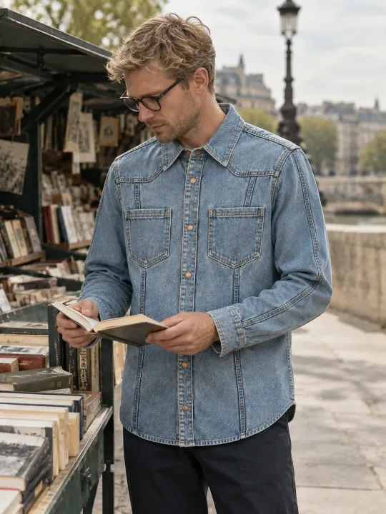 Piped Seam Overshirt in Light Worn wash, worn
