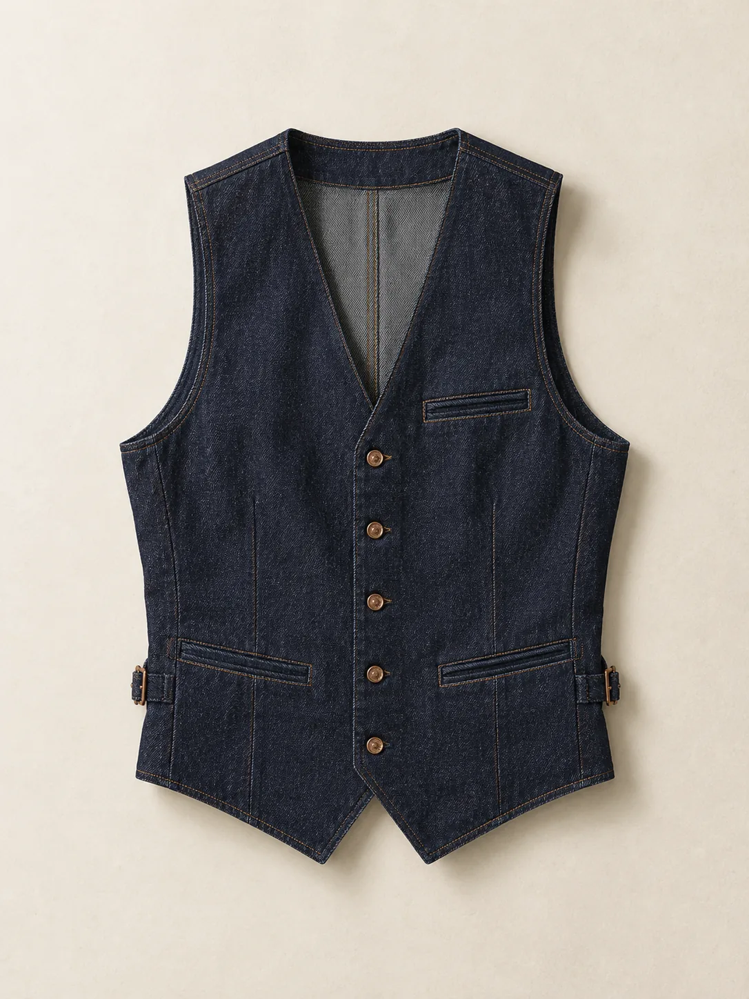 Raw Tailored Waistcoat in Raw Indigo wash, front view