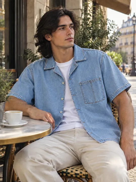 Short Sleeve Camp Overshirt in Faded Sky wash, worn