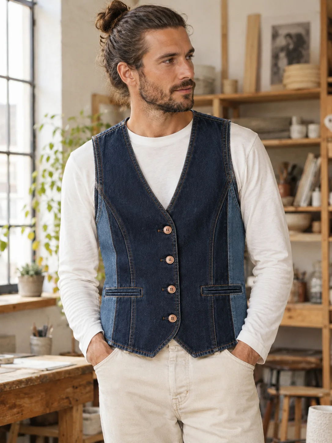 Side Panel Vest in Rinse wash, worn