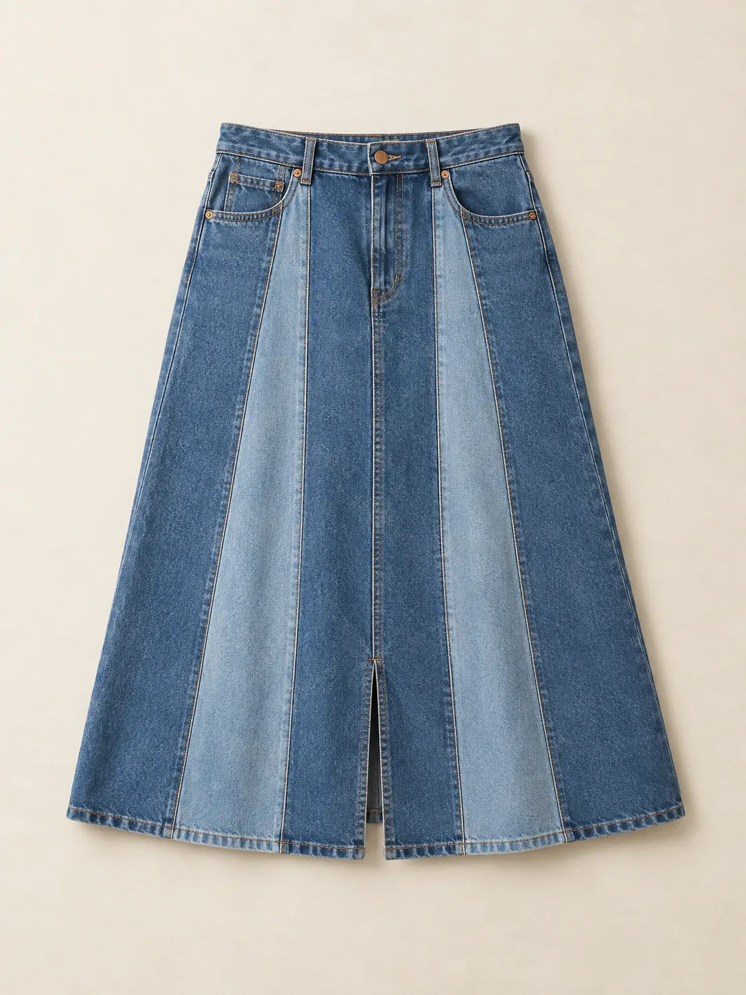 Six Gore Midi Skirt in Mid Worn wash, front view
