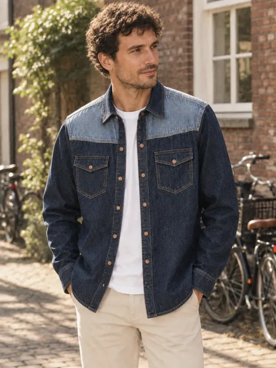 Split Yoke Overshirt in Rinse wash, worn