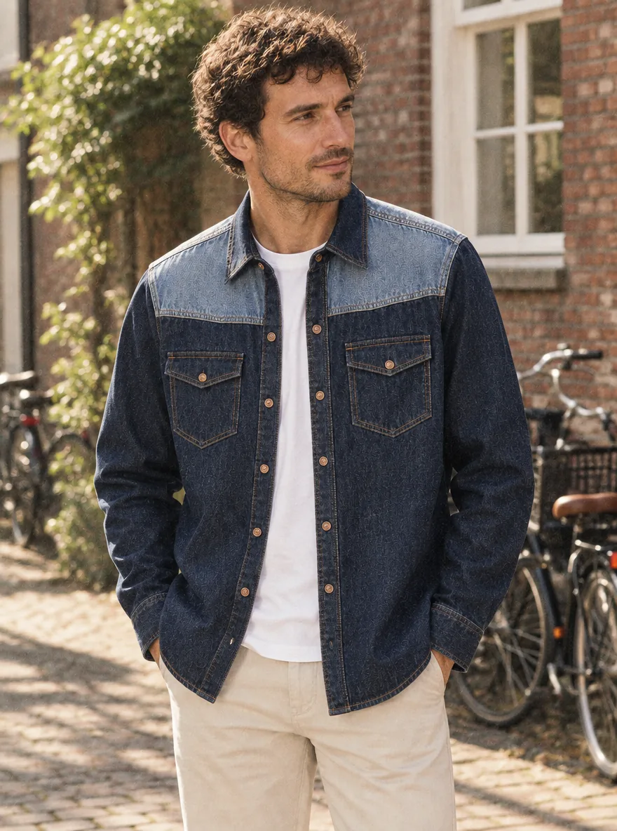 Split Yoke Overshirt in Rinse wash, worn