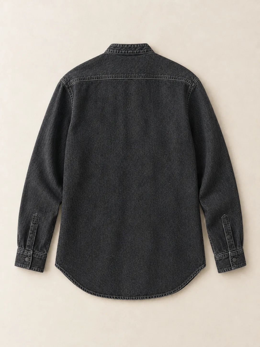 Stand Collar Overshirt in Worn Black wash, back view