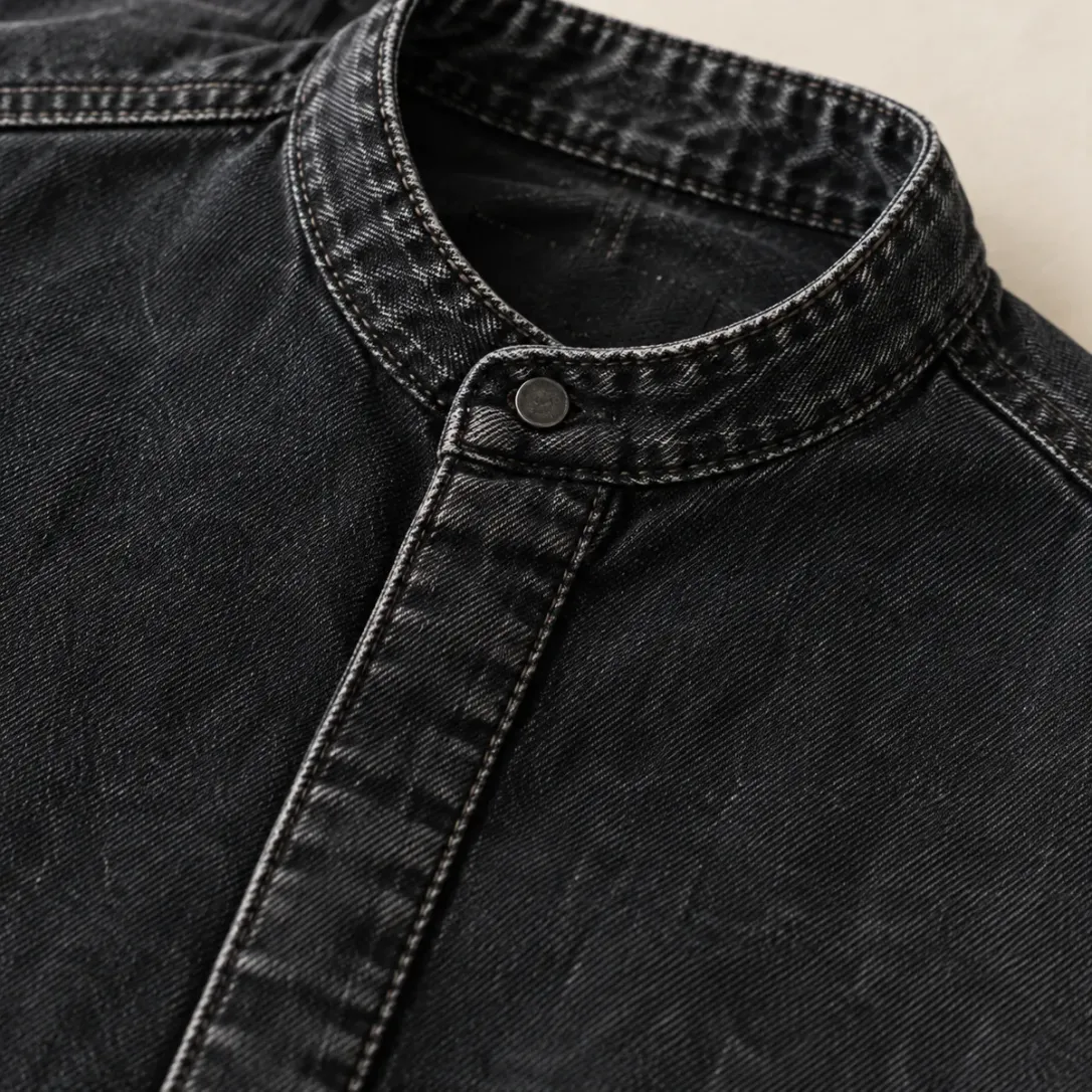 Stand Collar Overshirt in Worn Black wash, construction detail