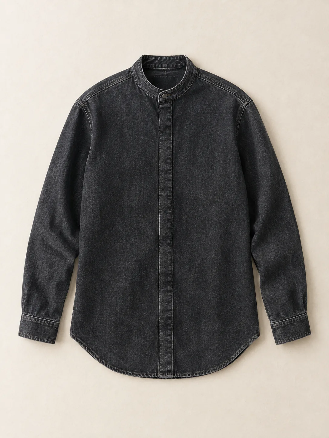 Stand Collar Overshirt in Worn Black wash, front view