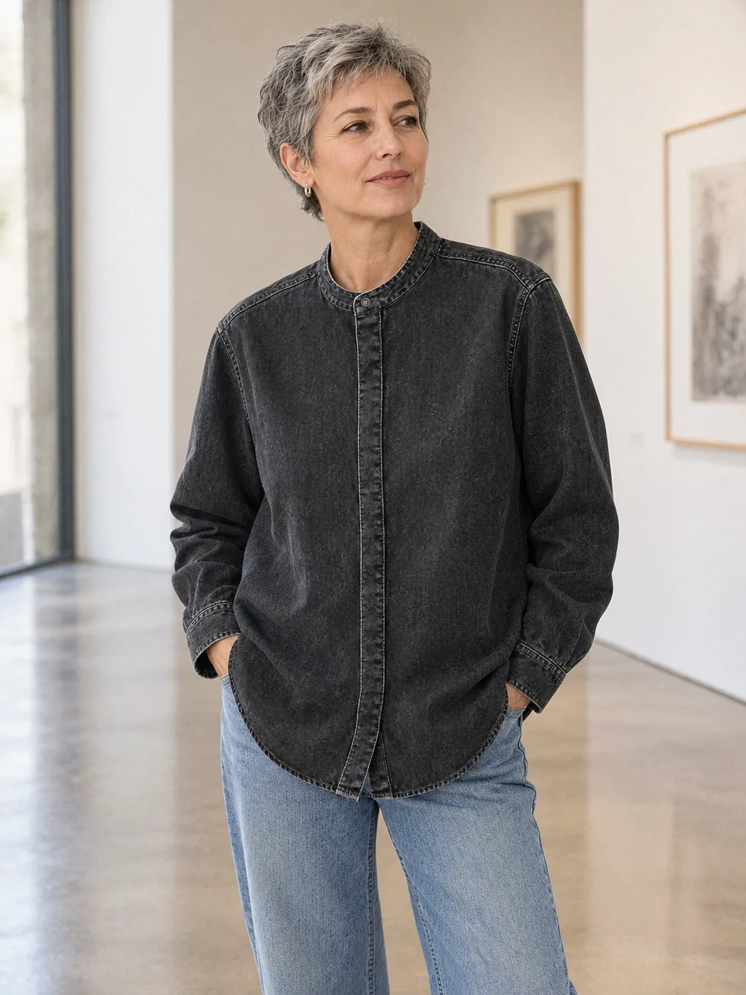 Stand Collar Overshirt in Worn Black wash, worn