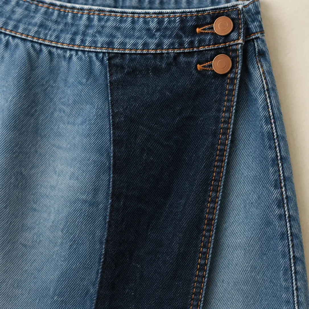 Two Tone Wrap Skirt in Light Worn wash, construction detail