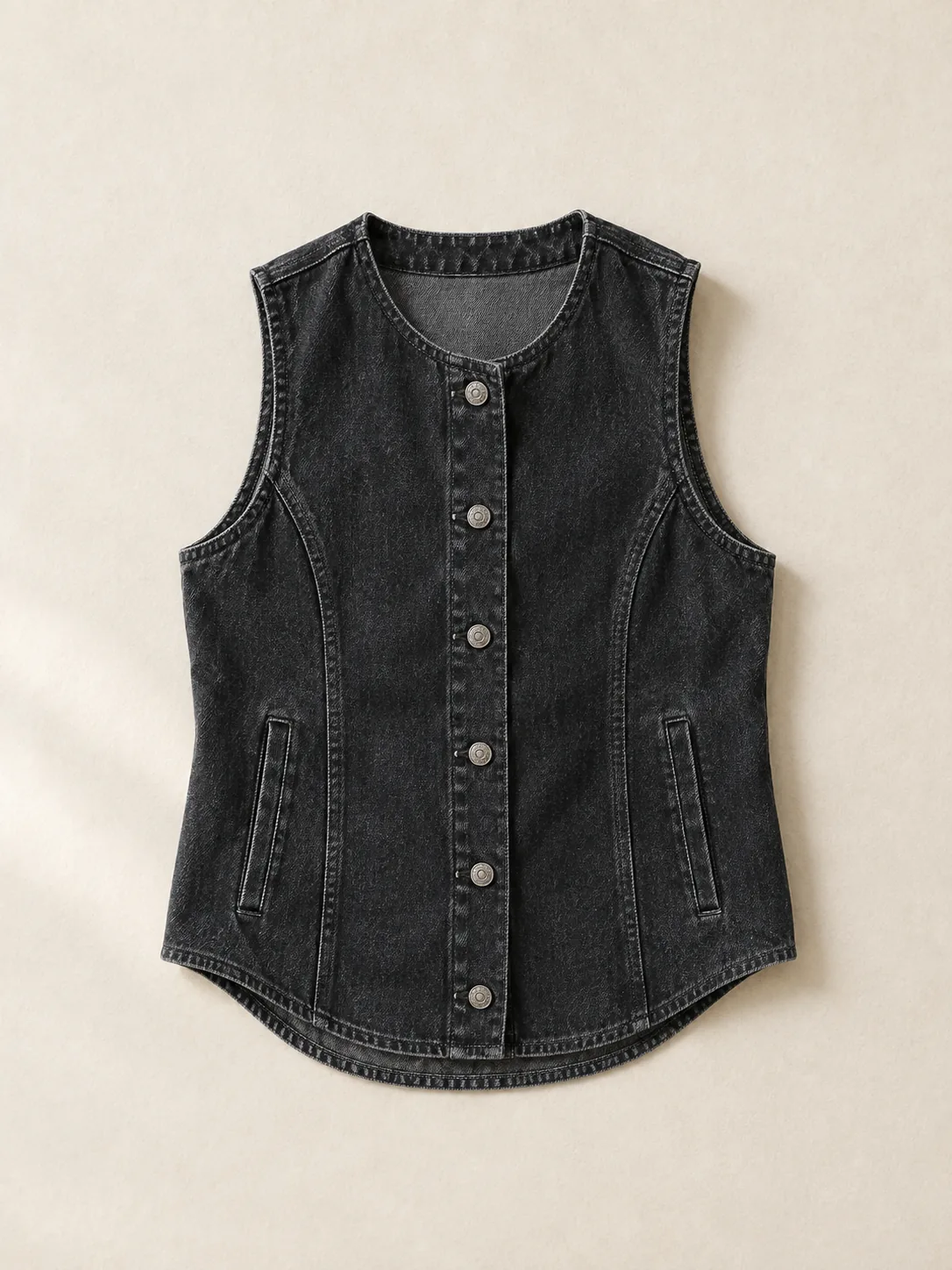 Worn Black Shirttail Vest in Worn Black wash, front view