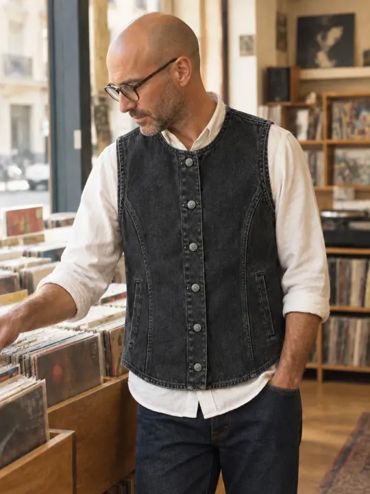 Worn Black Shirttail Vest in Worn Black wash, worn